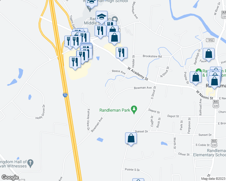 map of restaurants, bars, coffee shops, grocery stores, and more near 4206 Bentley Drive in Randleman