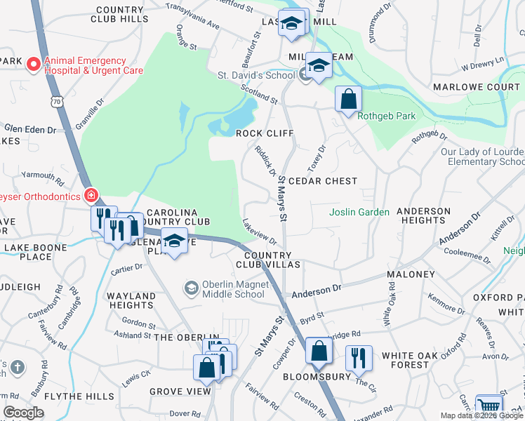 map of restaurants, bars, coffee shops, grocery stores, and more near 2638 Lakeview Drive in Raleigh