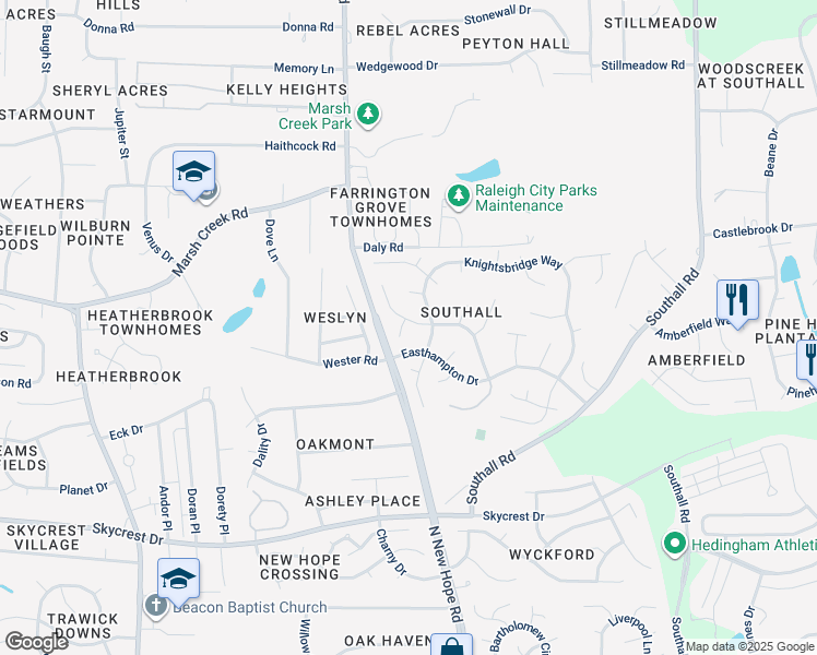 map of restaurants, bars, coffee shops, grocery stores, and more near 4240 Birmingham Way in Raleigh