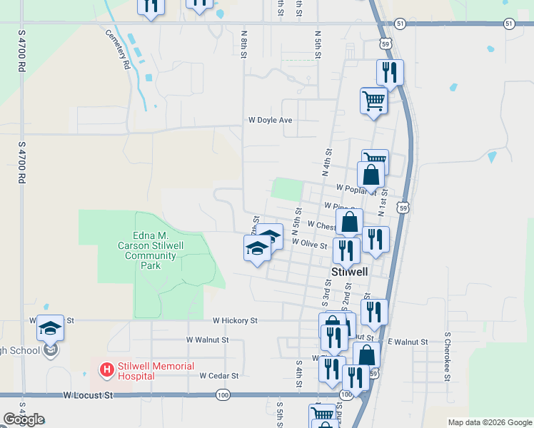 map of restaurants, bars, coffee shops, grocery stores, and more near 205 North 6th Place in Stilwell