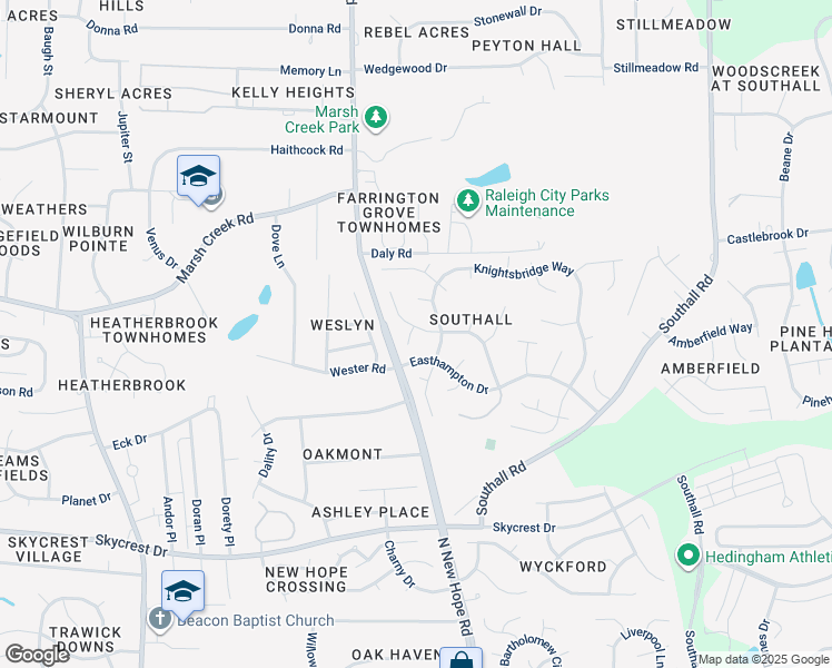 map of restaurants, bars, coffee shops, grocery stores, and more near 4240 Birmingham Way in Raleigh
