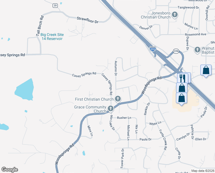 map of restaurants, bars, coffee shops, grocery stores, and more near 2605 Casey Springs Road in Jonesboro