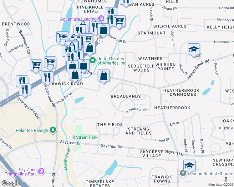 map of restaurants, bars, coffee shops, grocery stores, and more near 3020 West Folkestone Place in Raleigh