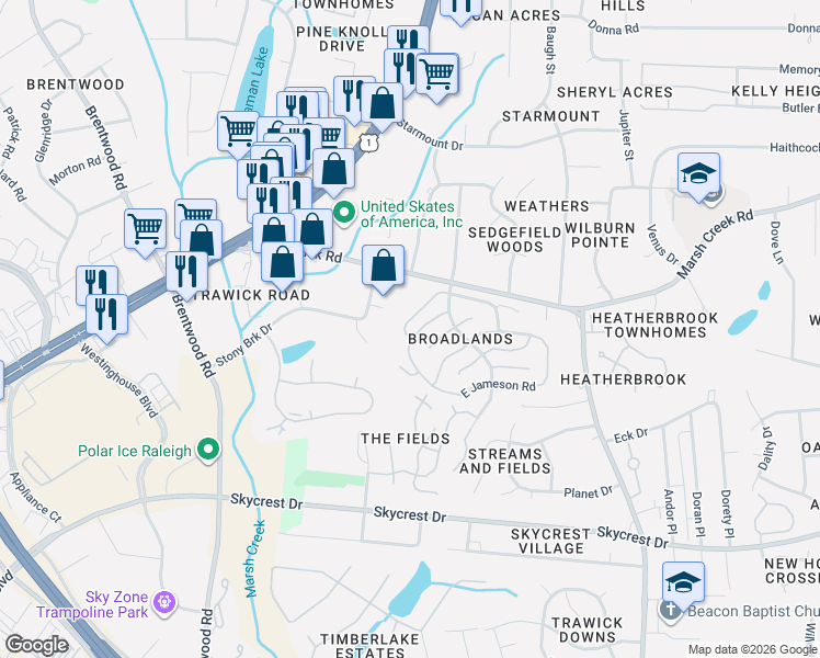 map of restaurants, bars, coffee shops, grocery stores, and more near 2801 Bedfordshire Court in Raleigh