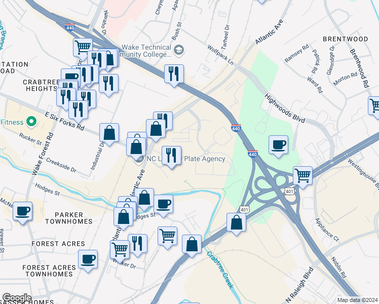 map of restaurants, bars, coffee shops, grocery stores, and more near 2631 Mellowfield Drive in Raleigh