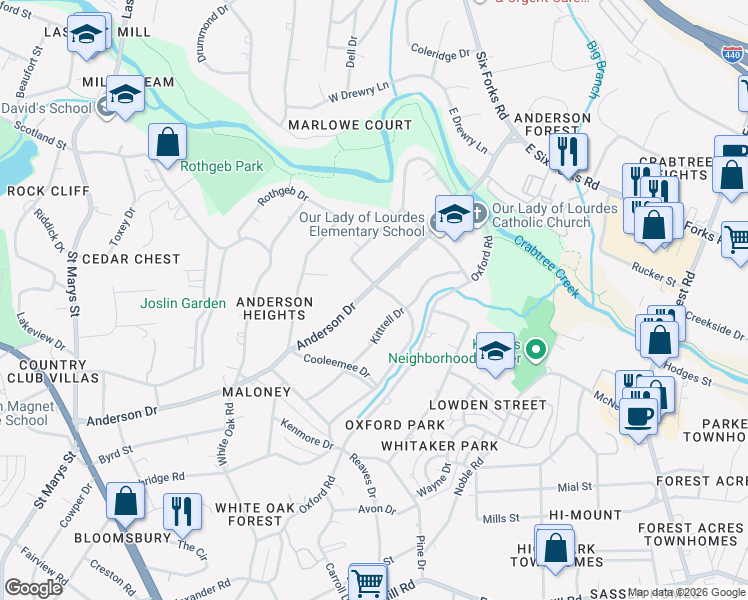 map of restaurants, bars, coffee shops, grocery stores, and more near 2722 Anderson Drive in Raleigh