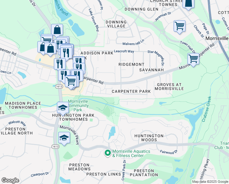 map of restaurants, bars, coffee shops, grocery stores, and more near 3202 Claret Lane in Morrisville