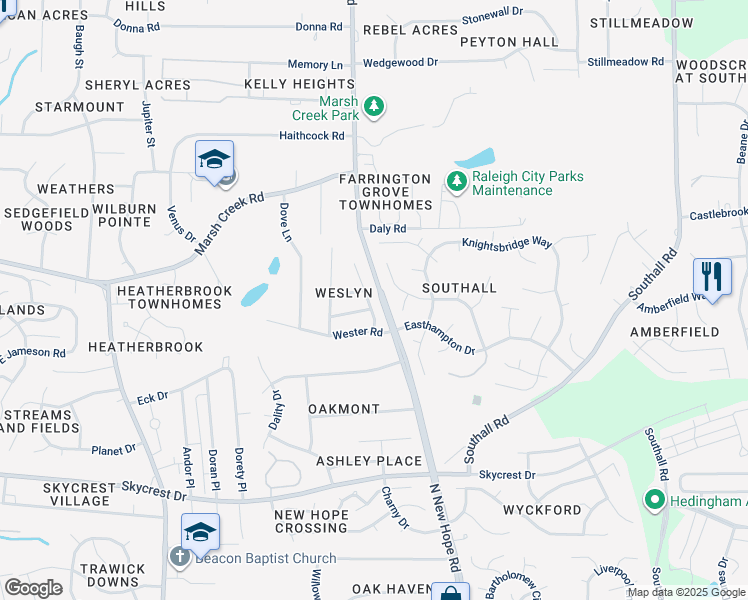 map of restaurants, bars, coffee shops, grocery stores, and more near 2917 Glade Aster Court in Raleigh