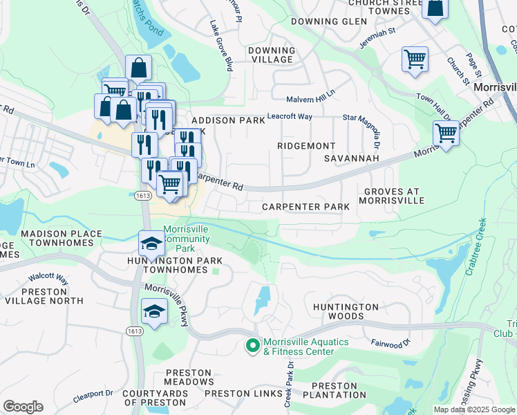 map of restaurants, bars, coffee shops, grocery stores, and more near 3123 Claret Lane in Morrisville