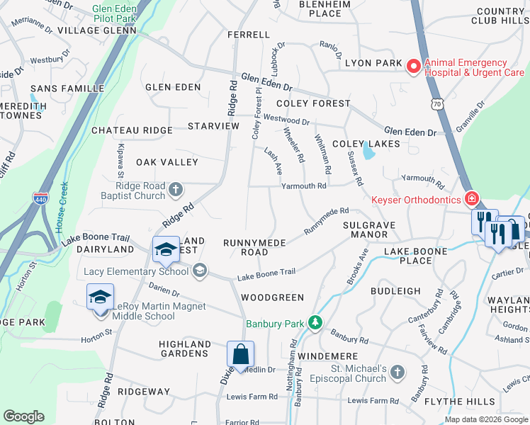 map of restaurants, bars, coffee shops, grocery stores, and more near 2121 Buckingham Road in Raleigh