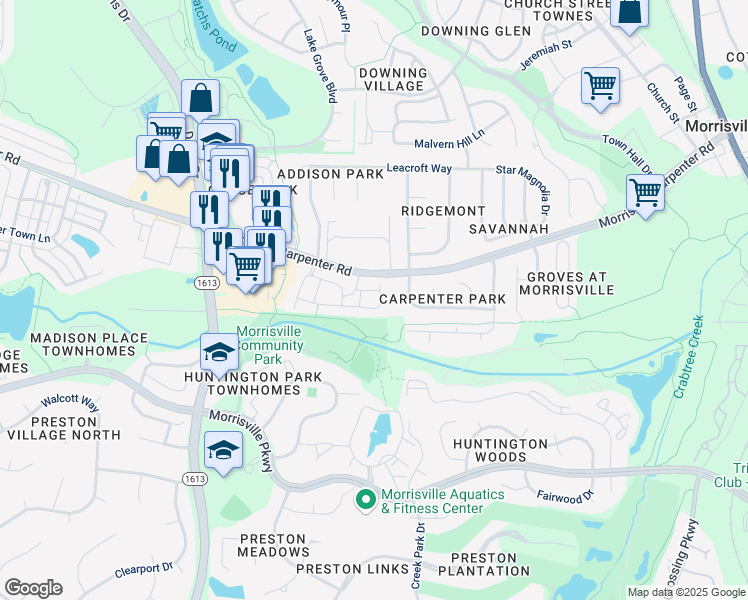 map of restaurants, bars, coffee shops, grocery stores, and more near 3123 Claret Lane in Morrisville