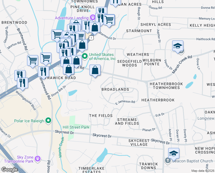 map of restaurants, bars, coffee shops, grocery stores, and more near 3020 West Folkestone Place in Raleigh