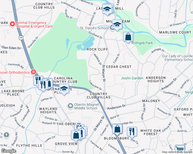 map of restaurants, bars, coffee shops, grocery stores, and more near 2638 Lakeview Drive in Raleigh