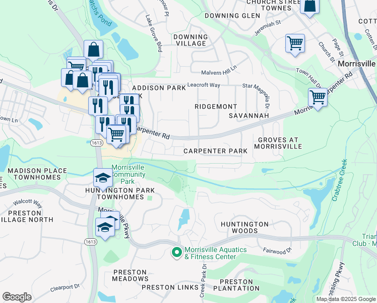 map of restaurants, bars, coffee shops, grocery stores, and more near 3202 Claret Lane in Morrisville