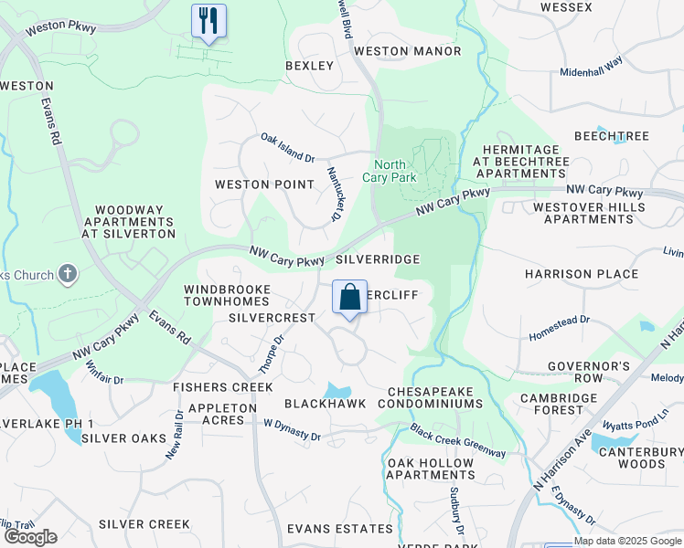 map of restaurants, bars, coffee shops, grocery stores, and more near 106 Big Rock Court in Cary