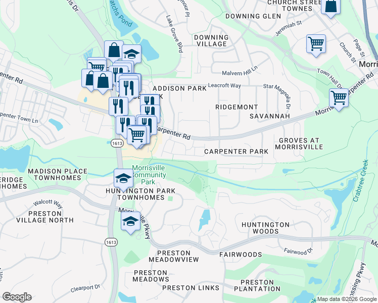 map of restaurants, bars, coffee shops, grocery stores, and more near 2000 Claret Lane in Morrisville
