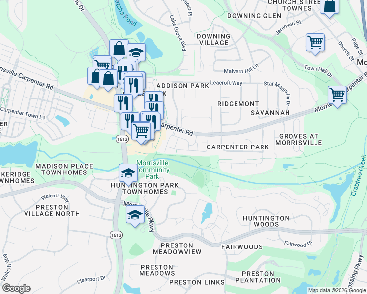 map of restaurants, bars, coffee shops, grocery stores, and more near 916 Claret Lane in Morrisville