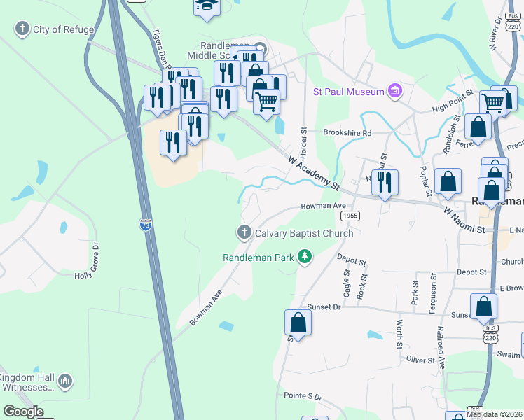 map of restaurants, bars, coffee shops, grocery stores, and more near 4215 Bentley Drive in Randleman
