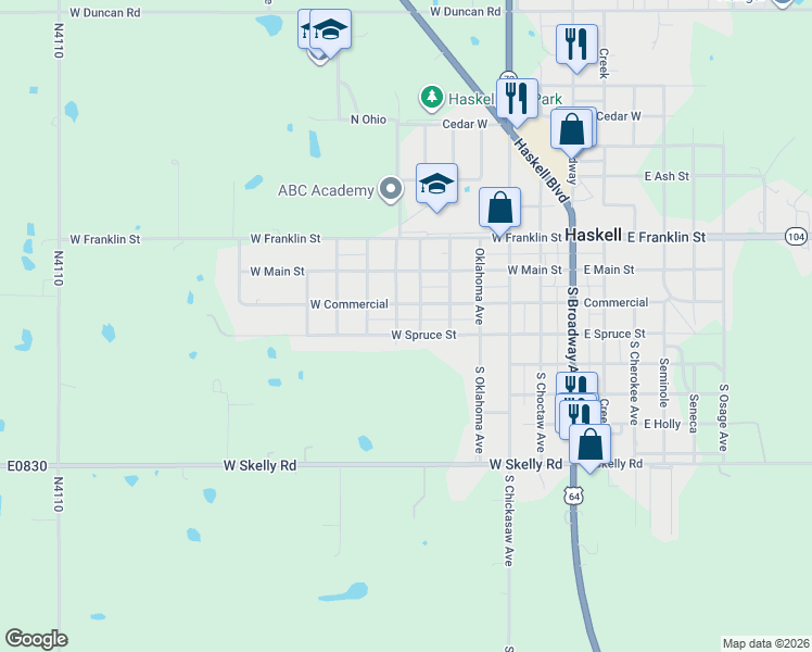 map of restaurants, bars, coffee shops, grocery stores, and more near 702 West Spruce Street in Haskell