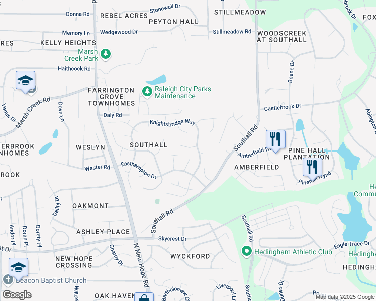 map of restaurants, bars, coffee shops, grocery stores, and more near 4620 Fisk Court in Raleigh