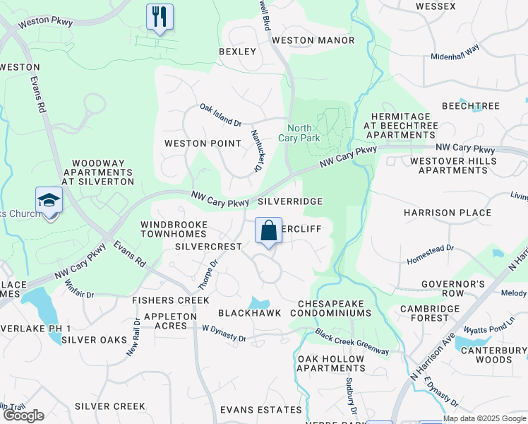 map of restaurants, bars, coffee shops, grocery stores, and more near 106 Big Rock Court in Cary
