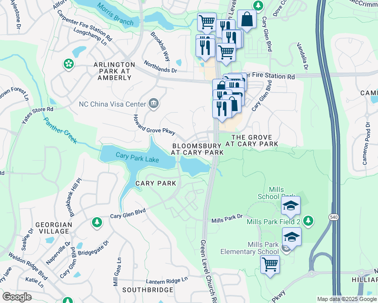 map of restaurants, bars, coffee shops, grocery stores, and more near 251 Broadgait Brae Road in Cary