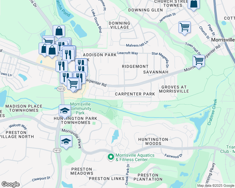 map of restaurants, bars, coffee shops, grocery stores, and more near 3221 Claret Lane in Morrisville