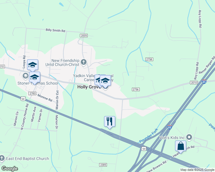 map of restaurants, bars, coffee shops, grocery stores, and more near 2065 East Holly Grove Road in Lexington