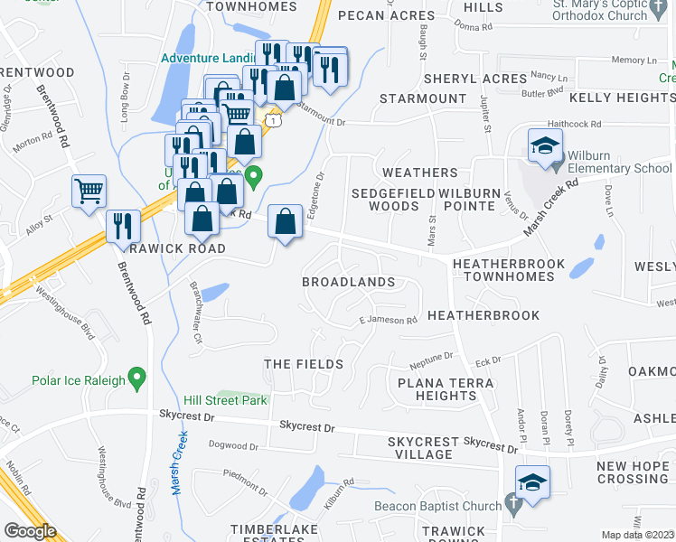 map of restaurants, bars, coffee shops, grocery stores, and more near 2901 Broadlands Drive in Raleigh