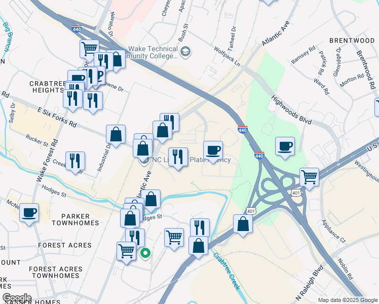 map of restaurants, bars, coffee shops, grocery stores, and more near 2631 Oldgate Drive in Raleigh