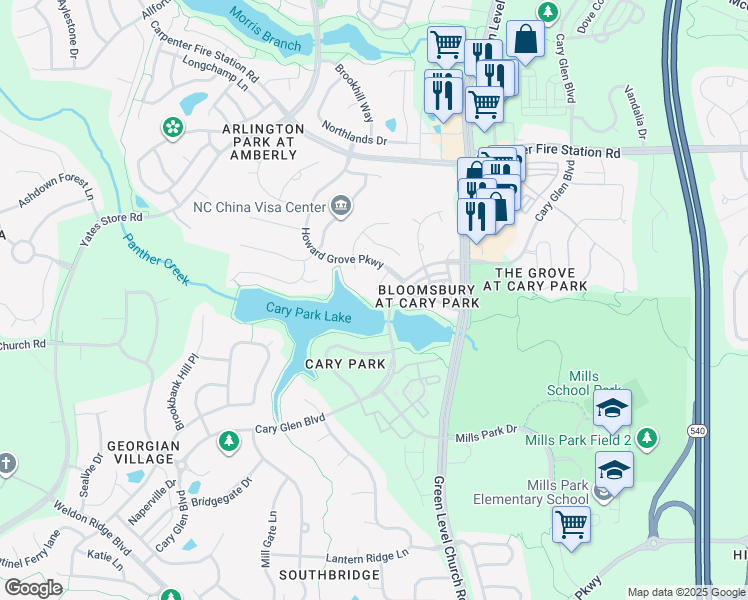 map of restaurants, bars, coffee shops, grocery stores, and more near 107 Poplin Court in Cary