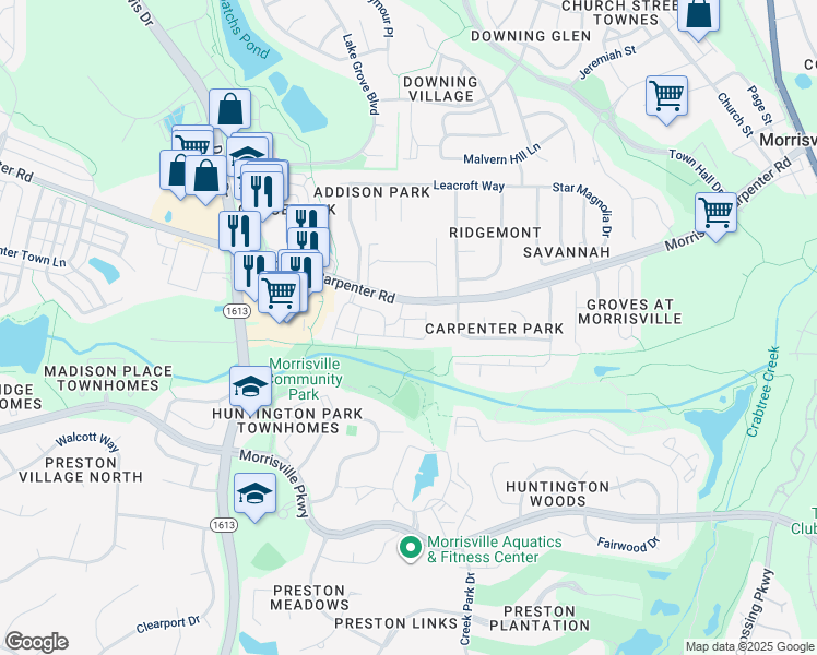 map of restaurants, bars, coffee shops, grocery stores, and more near 1100 Bondhu Place in Morrisville