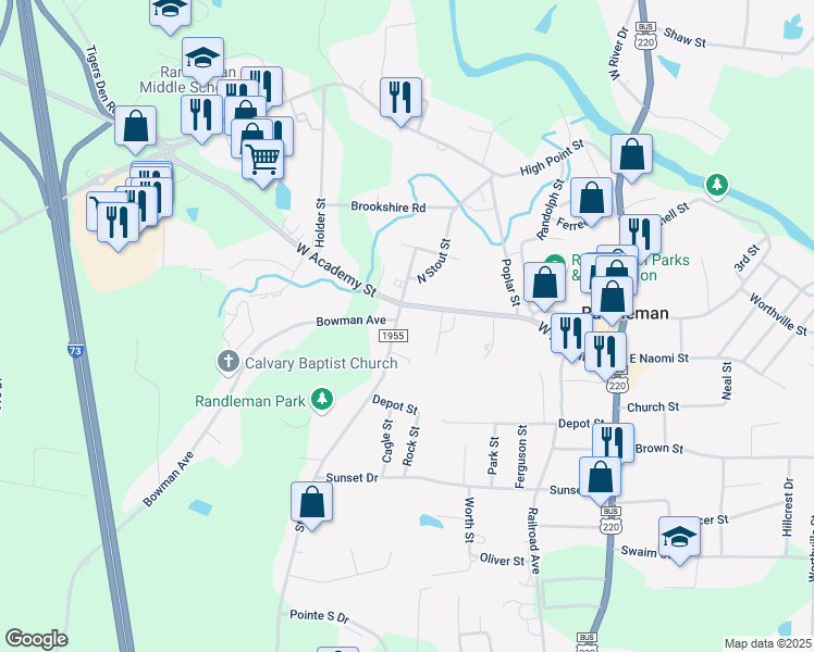map of restaurants, bars, coffee shops, grocery stores, and more near 111 South Stout Street in Randleman