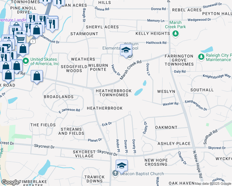 map of restaurants, bars, coffee shops, grocery stores, and more near 2926 Faversham Place in Raleigh