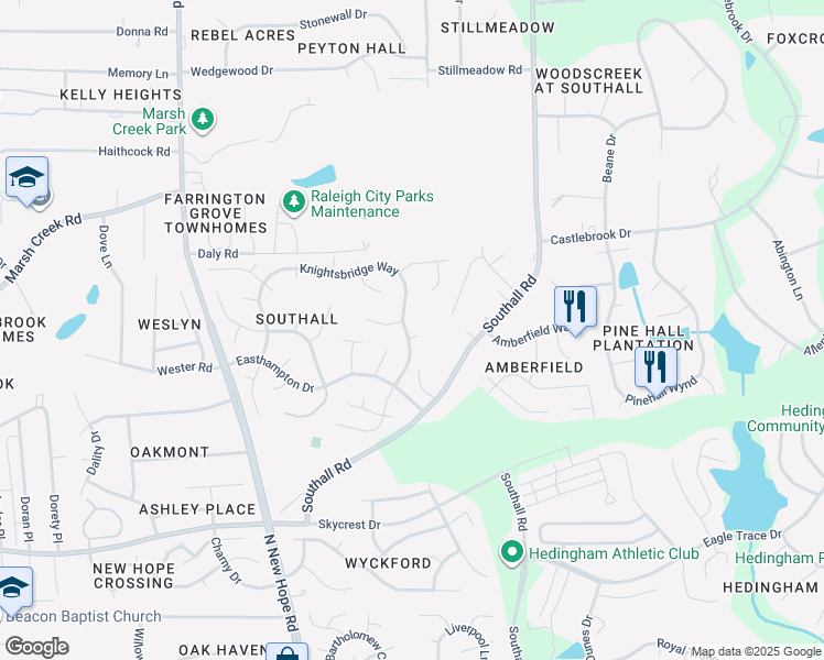 map of restaurants, bars, coffee shops, grocery stores, and more near 4704 Somerton Place in Raleigh
