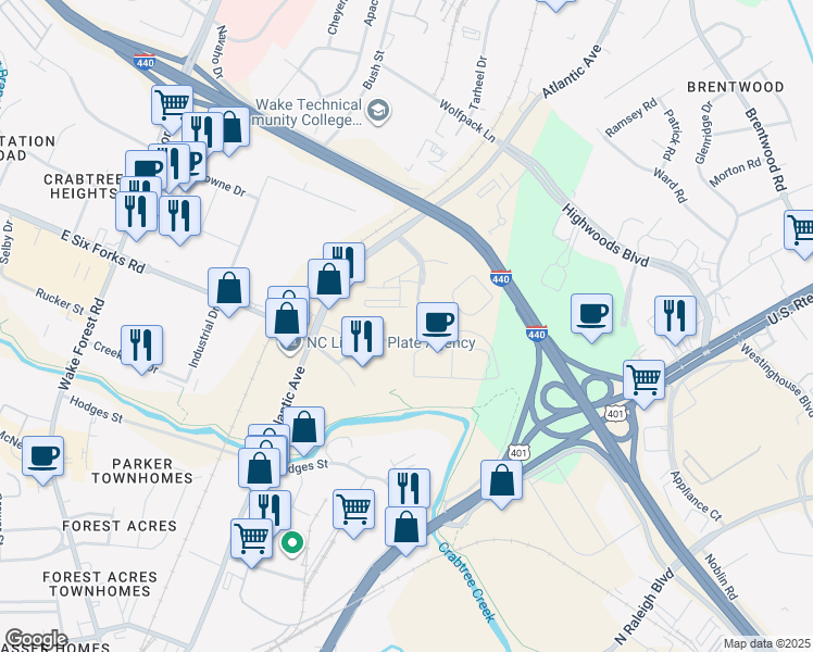 map of restaurants, bars, coffee shops, grocery stores, and more near 2651 Mellowfield Drive in Raleigh