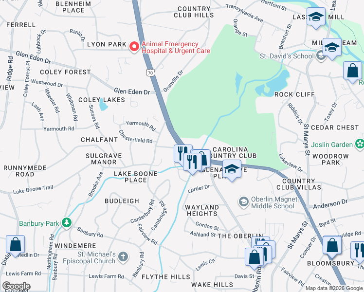 map of restaurants, bars, coffee shops, grocery stores, and more near 2900 Glenwood Avenue in Raleigh