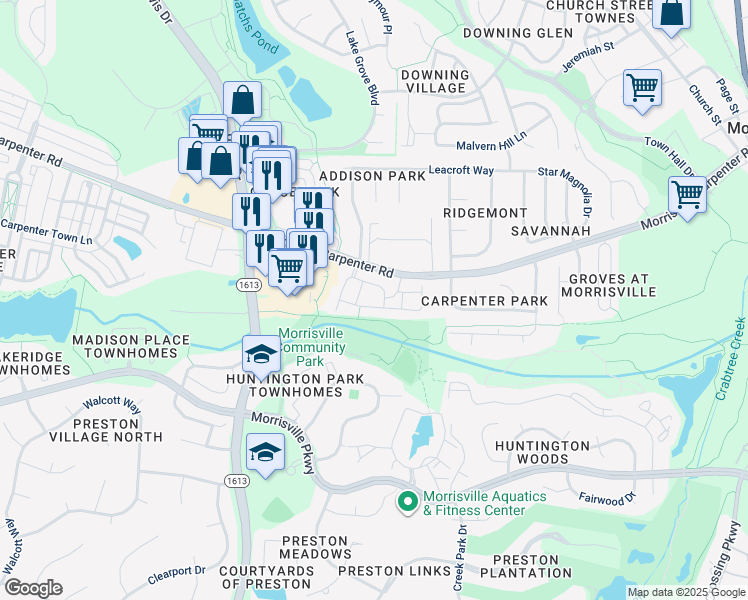 map of restaurants, bars, coffee shops, grocery stores, and more near 916 Claret Lane in Morrisville