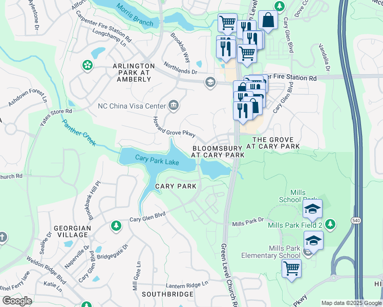 map of restaurants, bars, coffee shops, grocery stores, and more near 107 Poplin Court in Cary