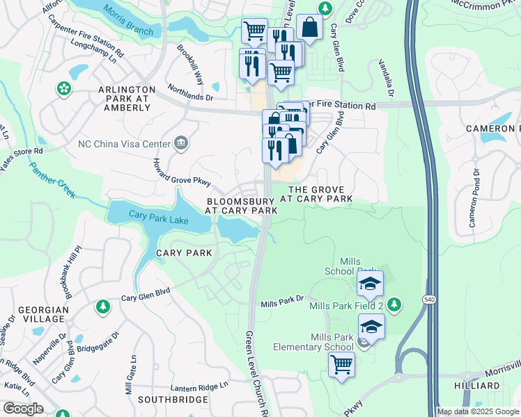 map of restaurants, bars, coffee shops, grocery stores, and more near 145 Braeside Ct in Cary