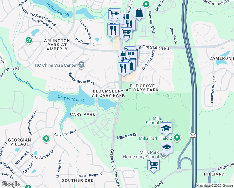 map of restaurants, bars, coffee shops, grocery stores, and more near 145 Braeside Ct in Cary