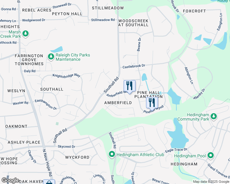 map of restaurants, bars, coffee shops, grocery stores, and more near 5025 Amberfield Way in Raleigh