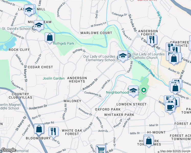 map of restaurants, bars, coffee shops, grocery stores, and more near 2722 Anderson Drive in Raleigh