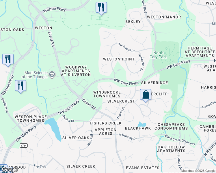 map of restaurants, bars, coffee shops, grocery stores, and more near 214 Windbyrne Drive in Cary
