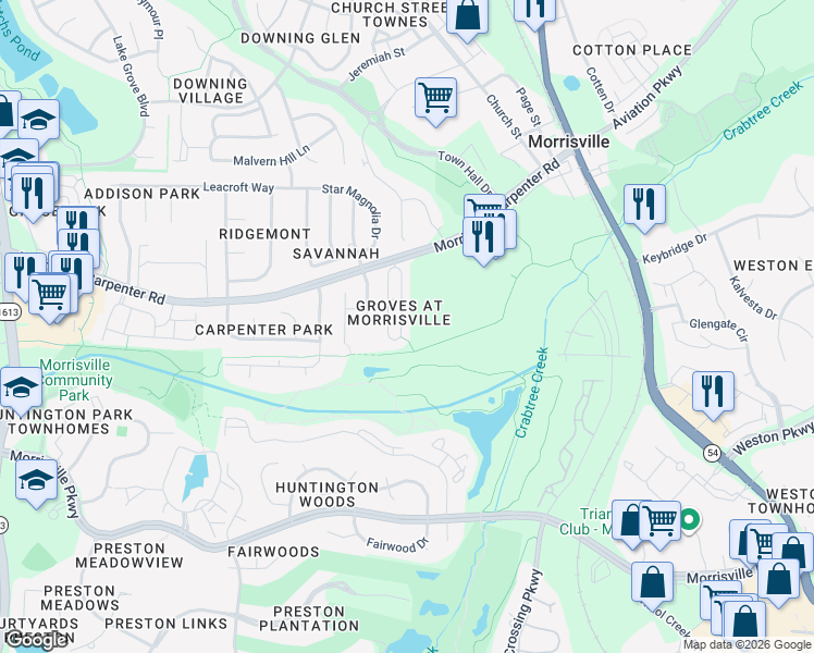 map of restaurants, bars, coffee shops, grocery stores, and more near 312 Misty Groves Circle in Morrisville