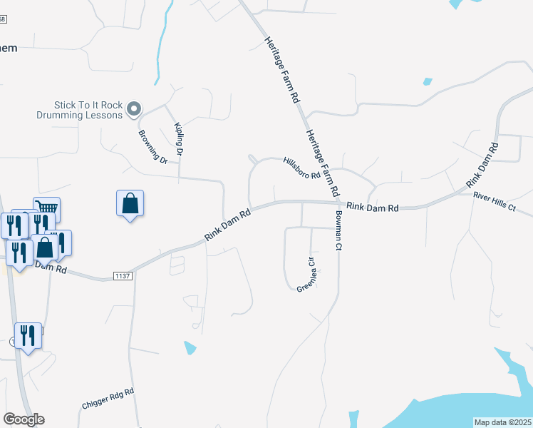 map of restaurants, bars, coffee shops, grocery stores, and more near 1148 Rink Dam Road in Township of Taylorsville
