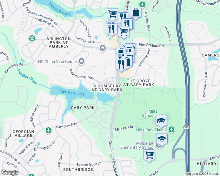 map of restaurants, bars, coffee shops, grocery stores, and more near 203 Broadgait Brae Road in Cary