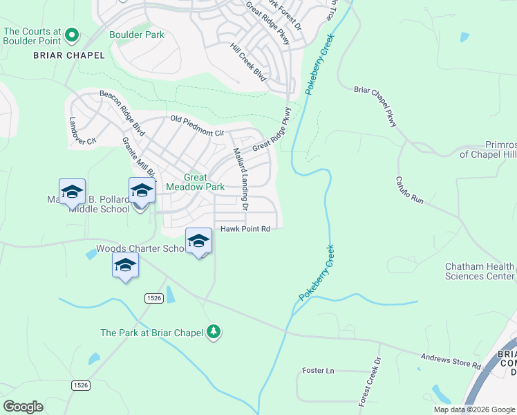 map of restaurants, bars, coffee shops, grocery stores, and more near 411 Mallard Landing Drive in Chapel Hill