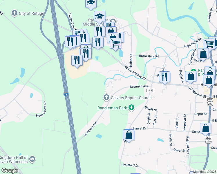 map of restaurants, bars, coffee shops, grocery stores, and more near 4215 Bentley Drive in Randleman