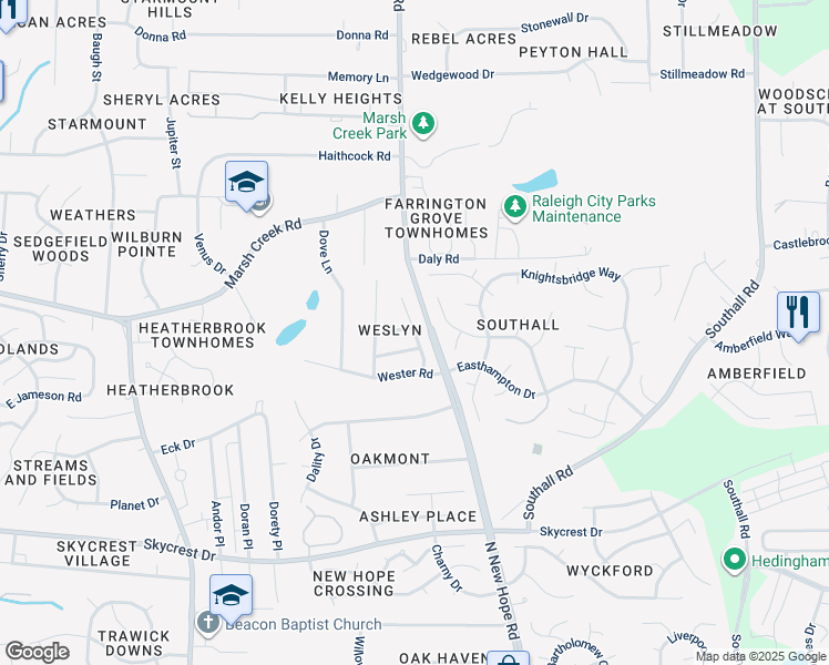 map of restaurants, bars, coffee shops, grocery stores, and more near 2929 Glade Aster Court in Raleigh